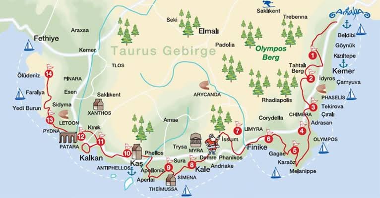 Fethiye ile Antalya arasındaki Likya Yolu rota haritası