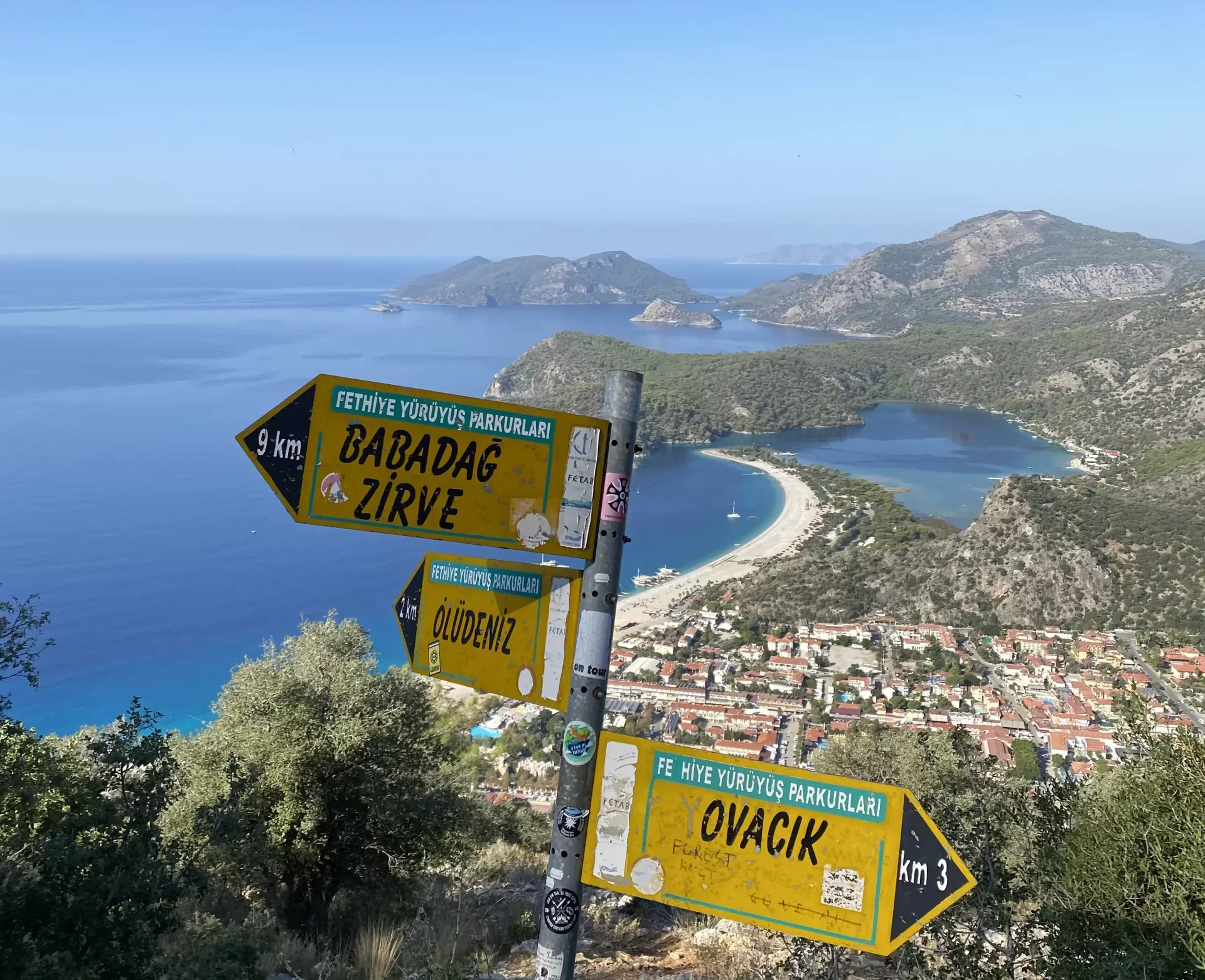 Ölüdeniz manzarası önünde Babadağ ve Likya Yolu yön tabelaları